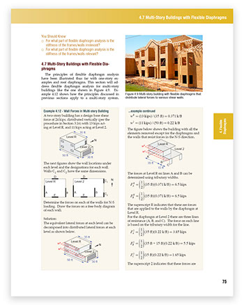 Example page from Seismic Principles that shows a multi-story wood-frame building and a flexible diaphragm analysis problem. 