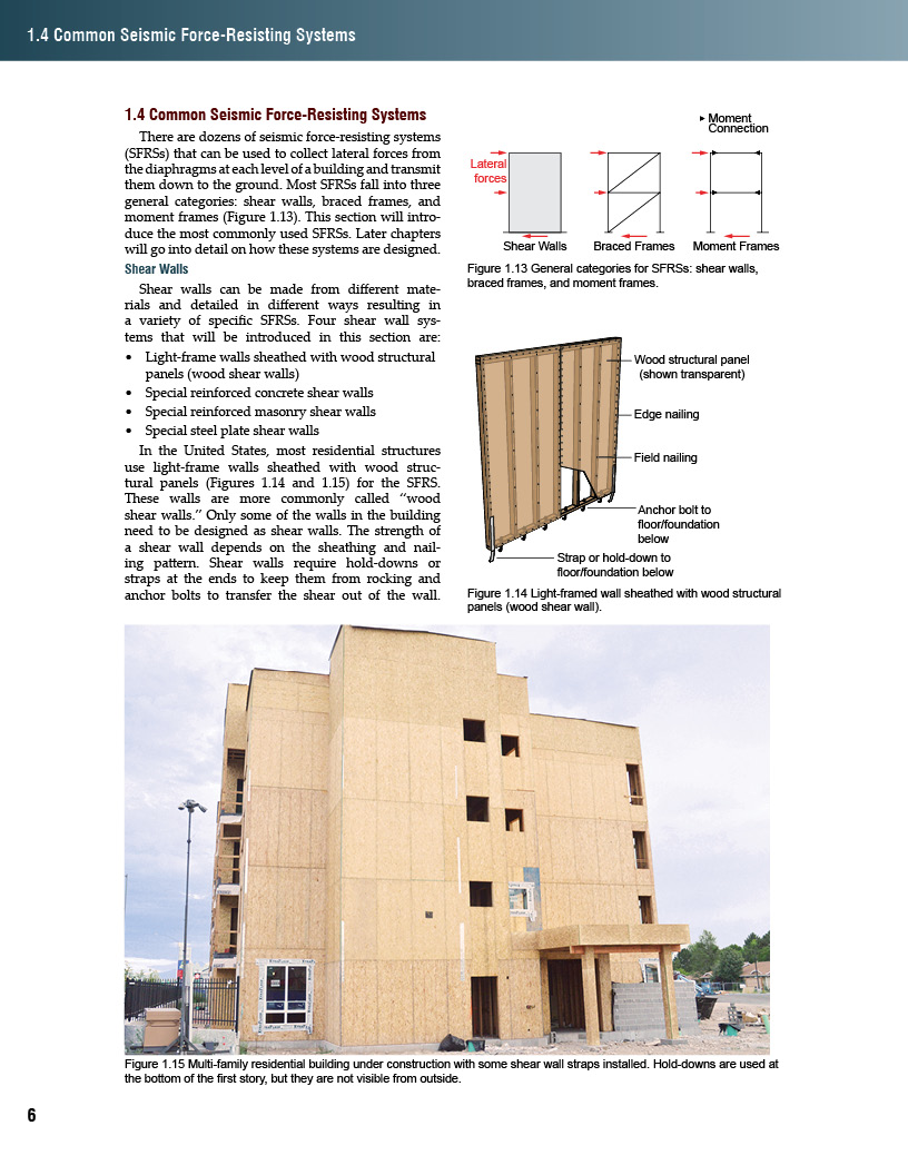 This page introduces shear walls, braced frames, and moment frames. There are great pictures of wood shear walls.
